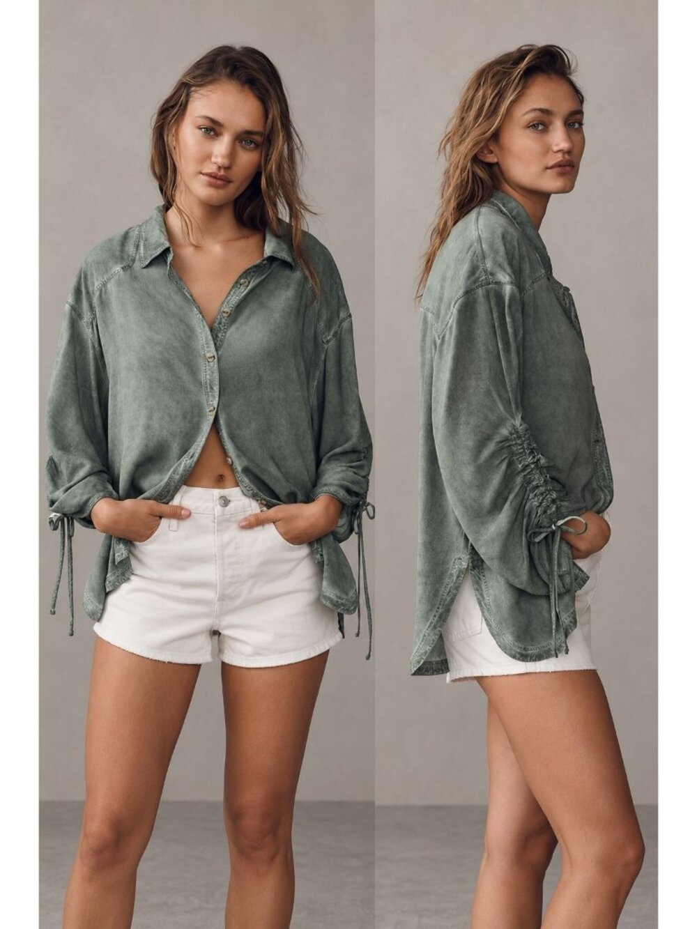 Pilcro Cinched Sleeve Button Down Top Size Small